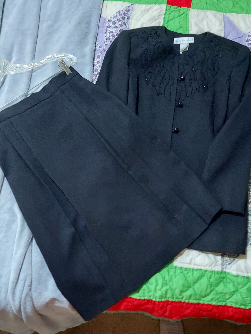 Laura Henson Black Skirt Suit Embroidered Button Down Jacket Set, Petite 12